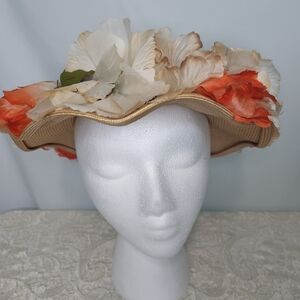 Vintage 1950-60s Elizabeth Model, Adlers Kansas Garden Party Orange Floral Hat.